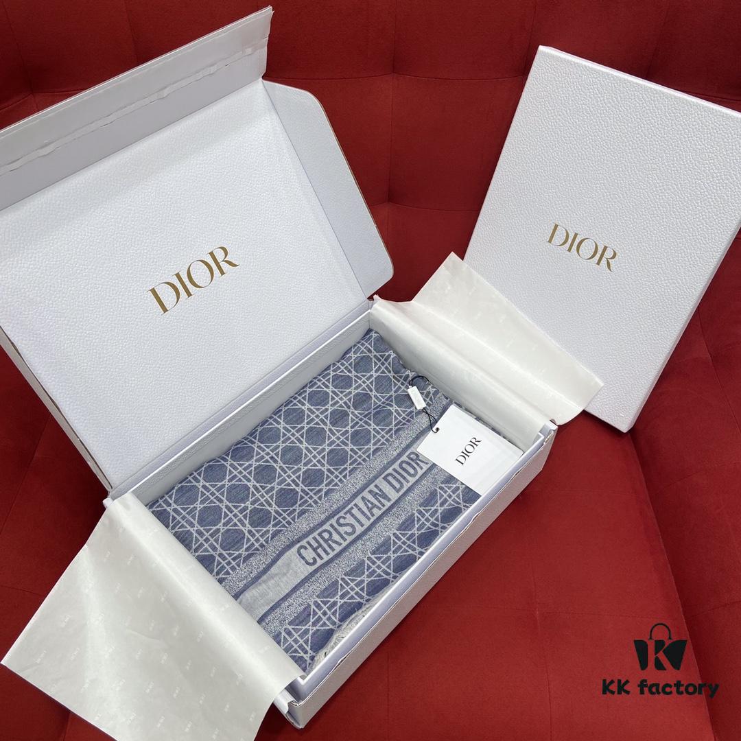 Dior Denim Blue Checkered Shawl - 140*140cm Multifunctional Scarf Made of Wool, Silk, and Cashmere Blend