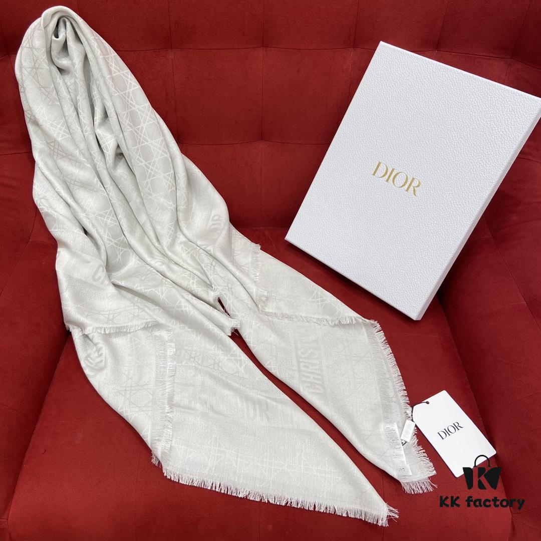 Dior Checkered Pattern Gold Thread Shawl, White - Silk and Wool-Cashmere Blend, 140cm*140cm