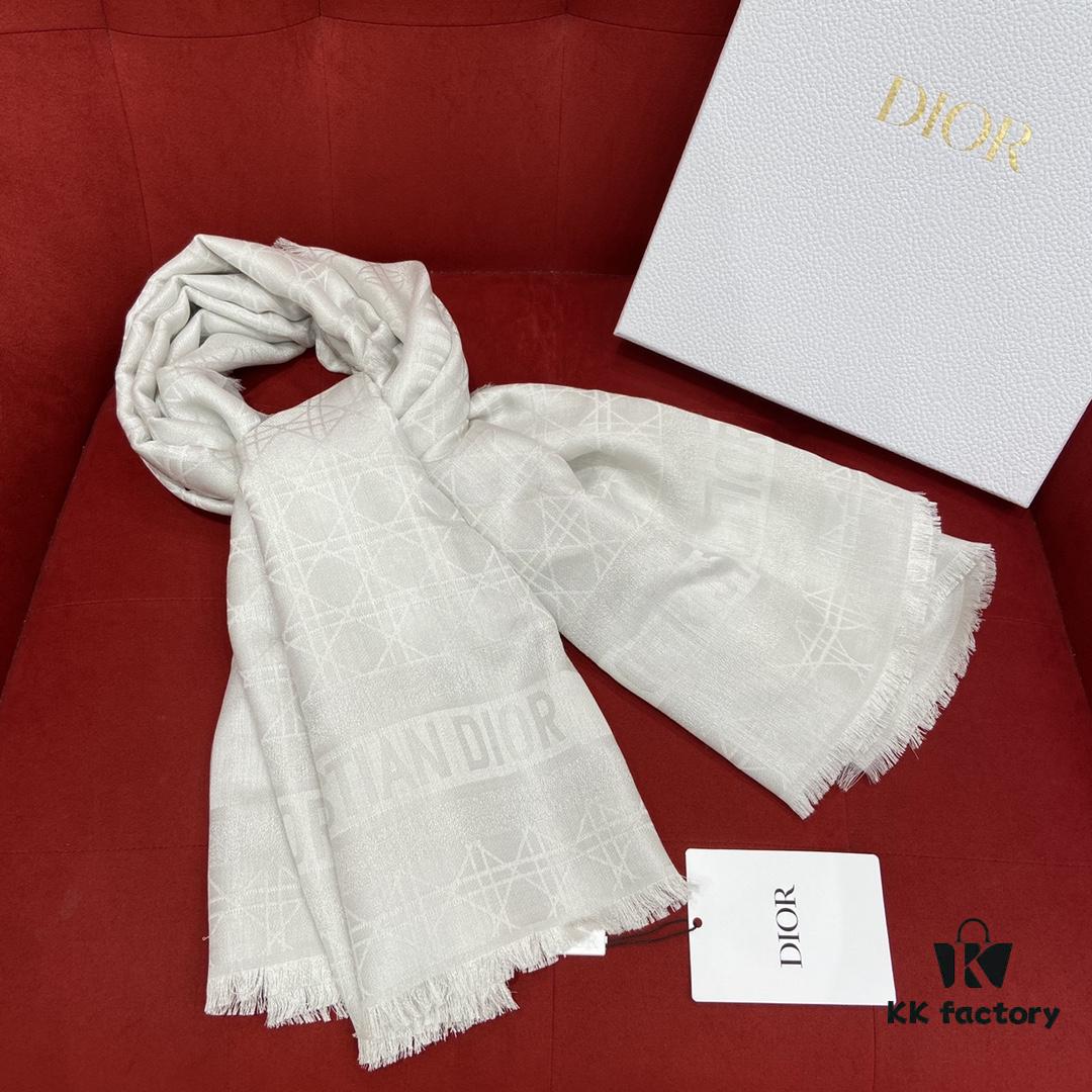 Dior Checkered Pattern Gold Thread Shawl, White - Silk and Wool-Cashmere Blend, 140cm*140cm
