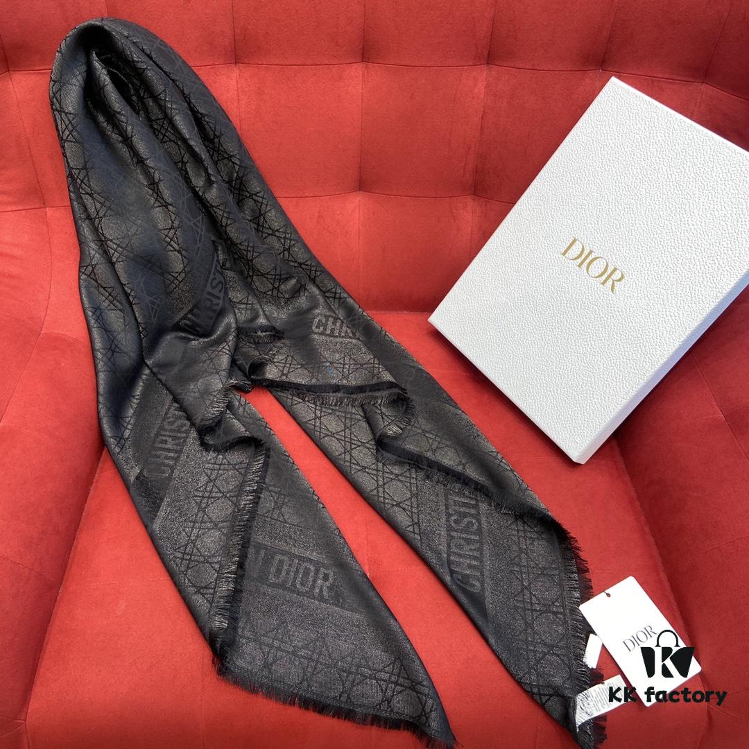 Dior Checkered Pattern Gold Thread Shawl, Black - Silk and Wool-Cashmere Blend, 140cm*140cm