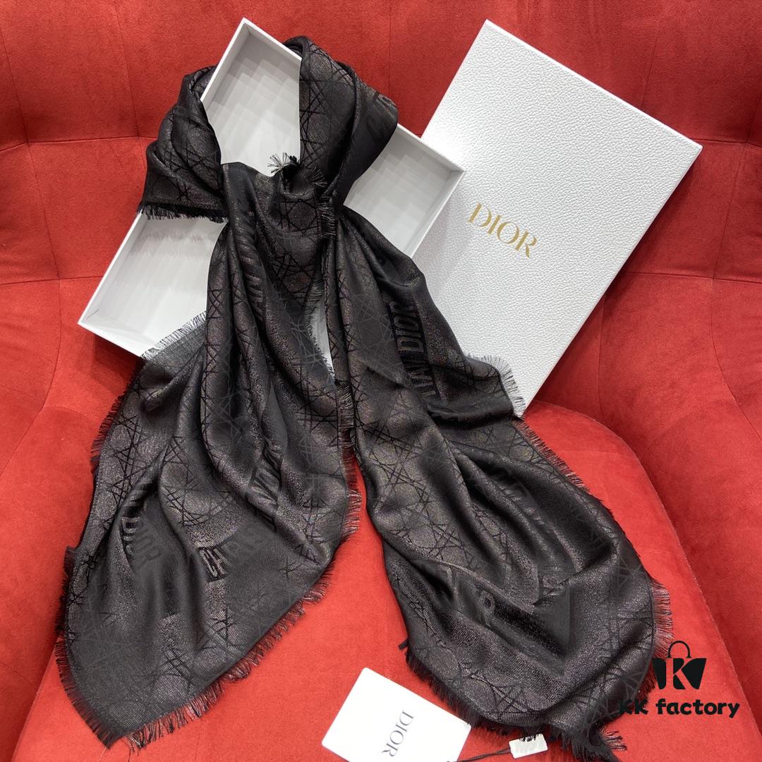 Dior Checkered Pattern Gold Thread Shawl, Black - Silk and Wool-Cashmere Blend, 140cm*140cm