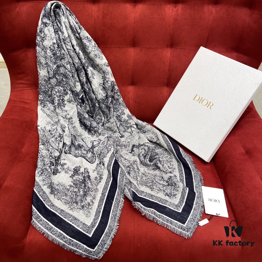 Dior Toile de Jouy Print Scarf - Youthful and Vibrant Design with Wool, Silk, and Cotton Blend