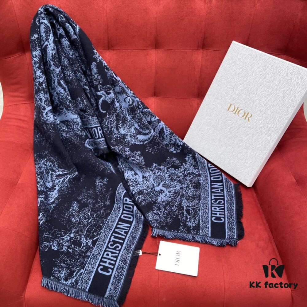 Dior Navy Blue Shawl Reimagines the Iconic Toile de Jouy Pattern with a Faded Effect