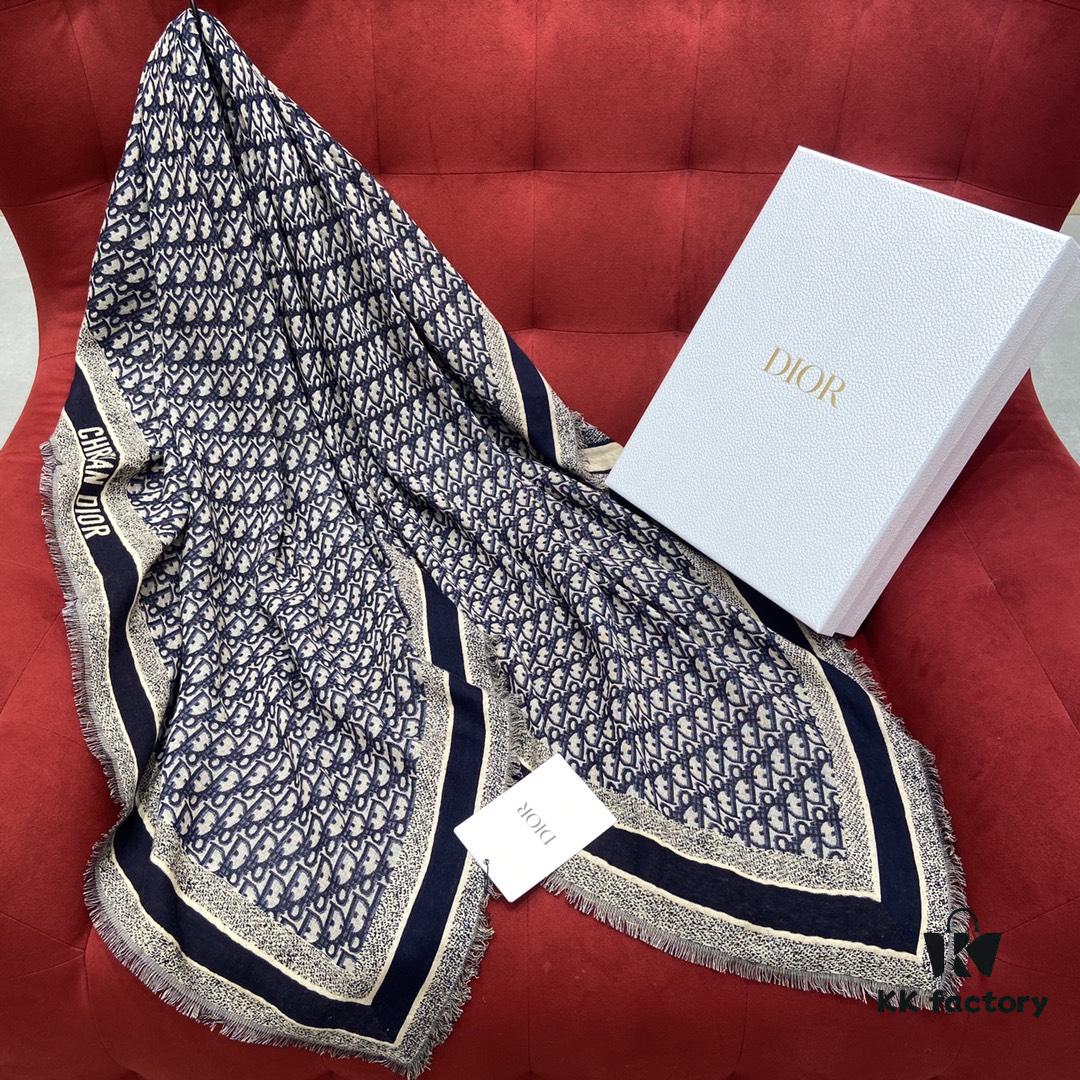 Dior Luxury Shawl with Logo Pattern and Fringe, 42% Wool 42% Silk Blend, 140x140cm