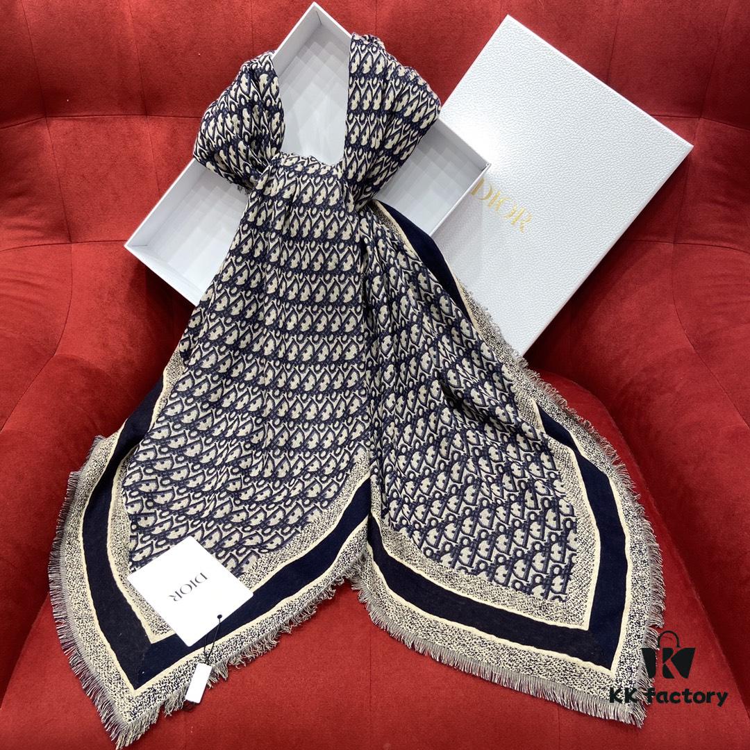 Dior Luxury Shawl with Logo Pattern and Fringe, 42% Wool 42% Silk Blend, 140x140cm