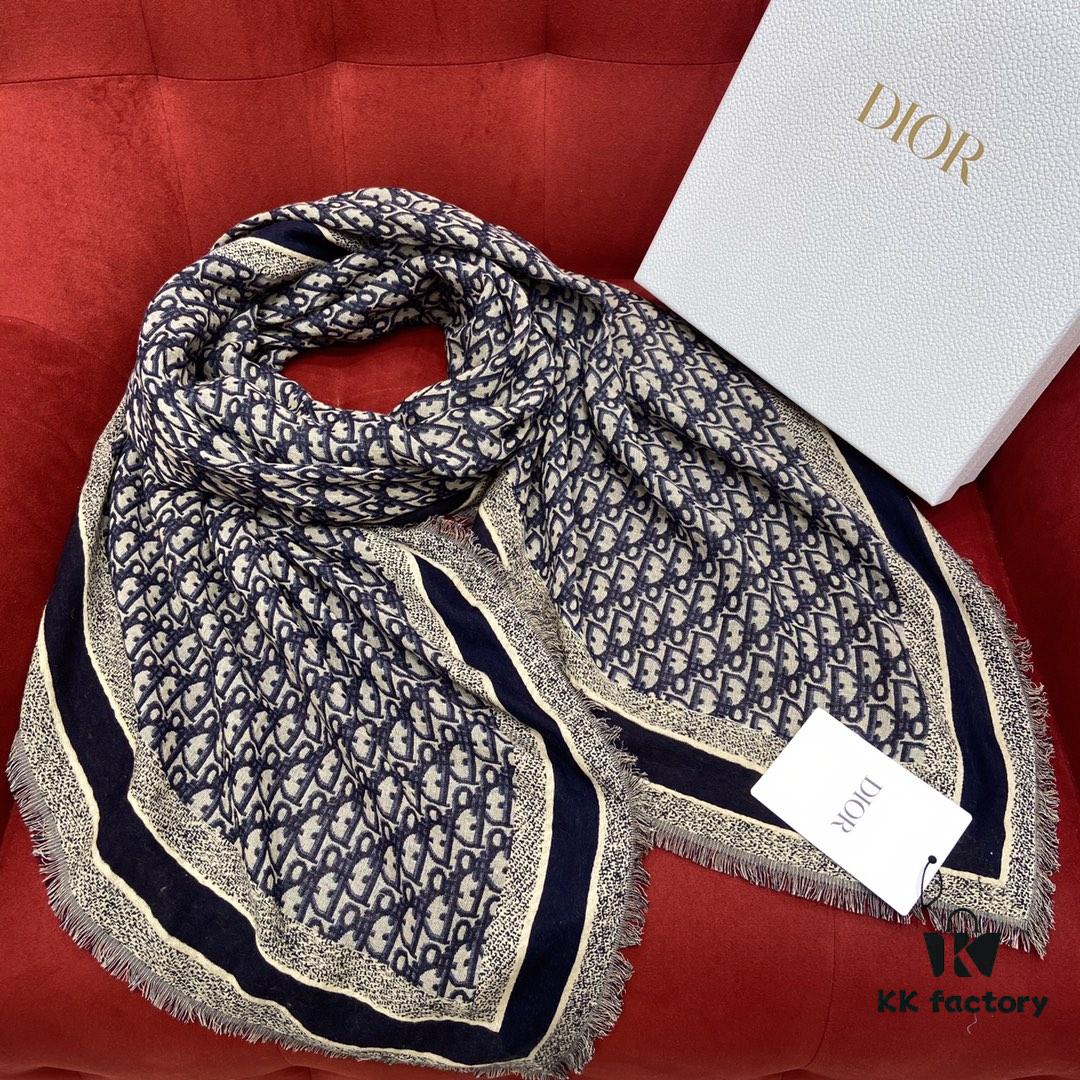 Dior Luxury Shawl with Logo Pattern and Fringe, 42% Wool 42% Silk Blend, 140x140cm