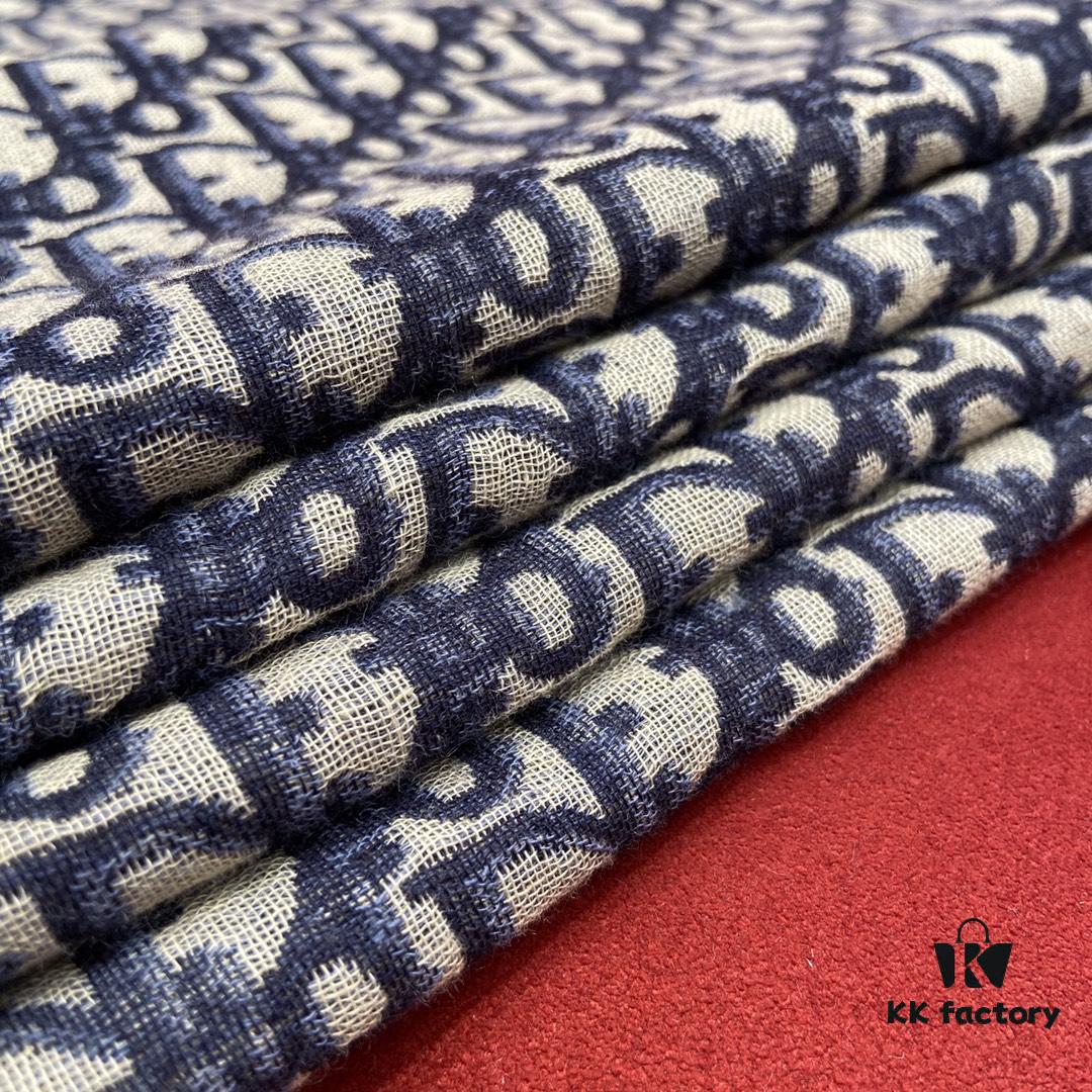 Dior Luxury Shawl with Logo Pattern and Fringe, 42% Wool 42% Silk Blend, 140x140cm