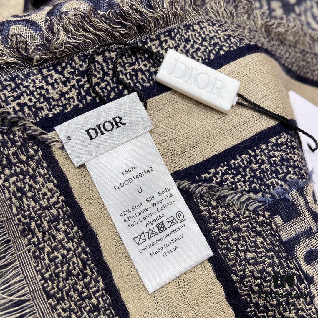 Dior Luxury Shawl with Logo Pattern and Fringe, 42% Wool 42% Silk Blend, 140x140cm