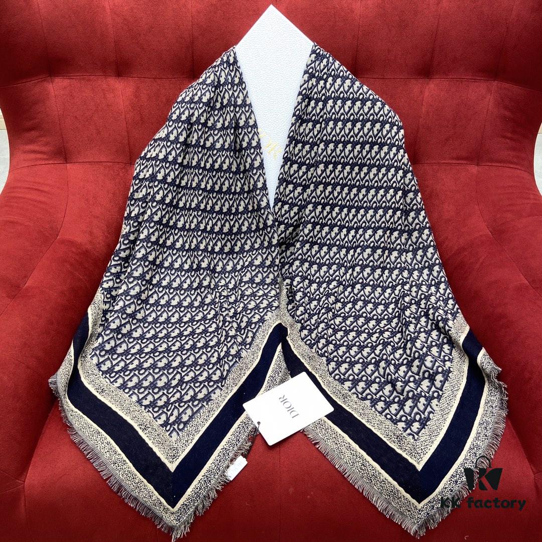 Dior Luxury Shawl with Logo Pattern and Fringe, 42% Wool 42% Silk Blend, 140x140cm