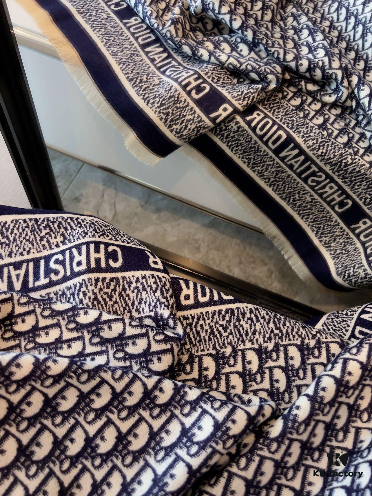 Dior Oblique Print Cashmere Wool Silk Shawl - Denim Blue & Charcoal Grey