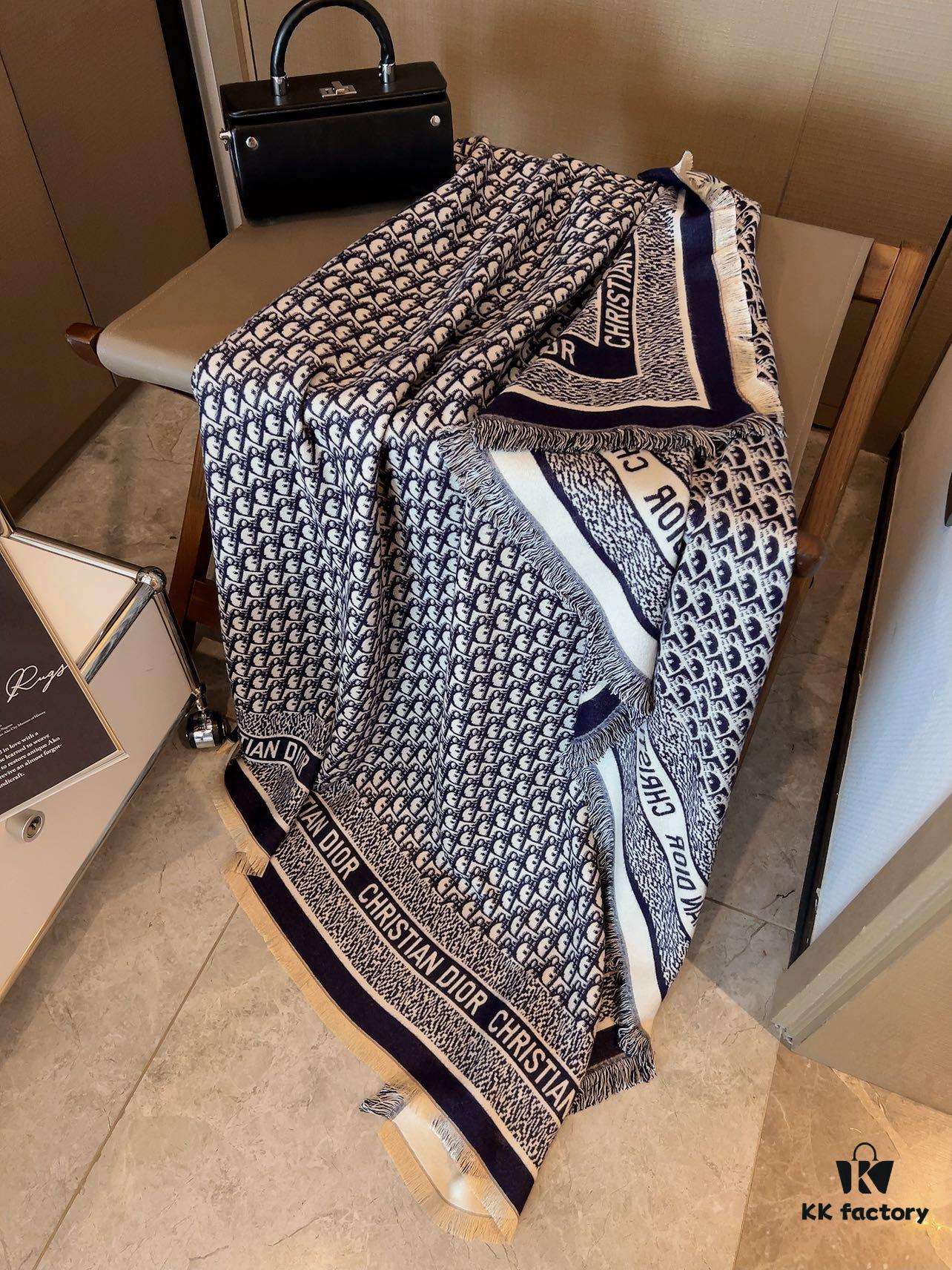 Dior Oblique Print Cashmere Wool Silk Shawl - Denim Blue & Charcoal Grey