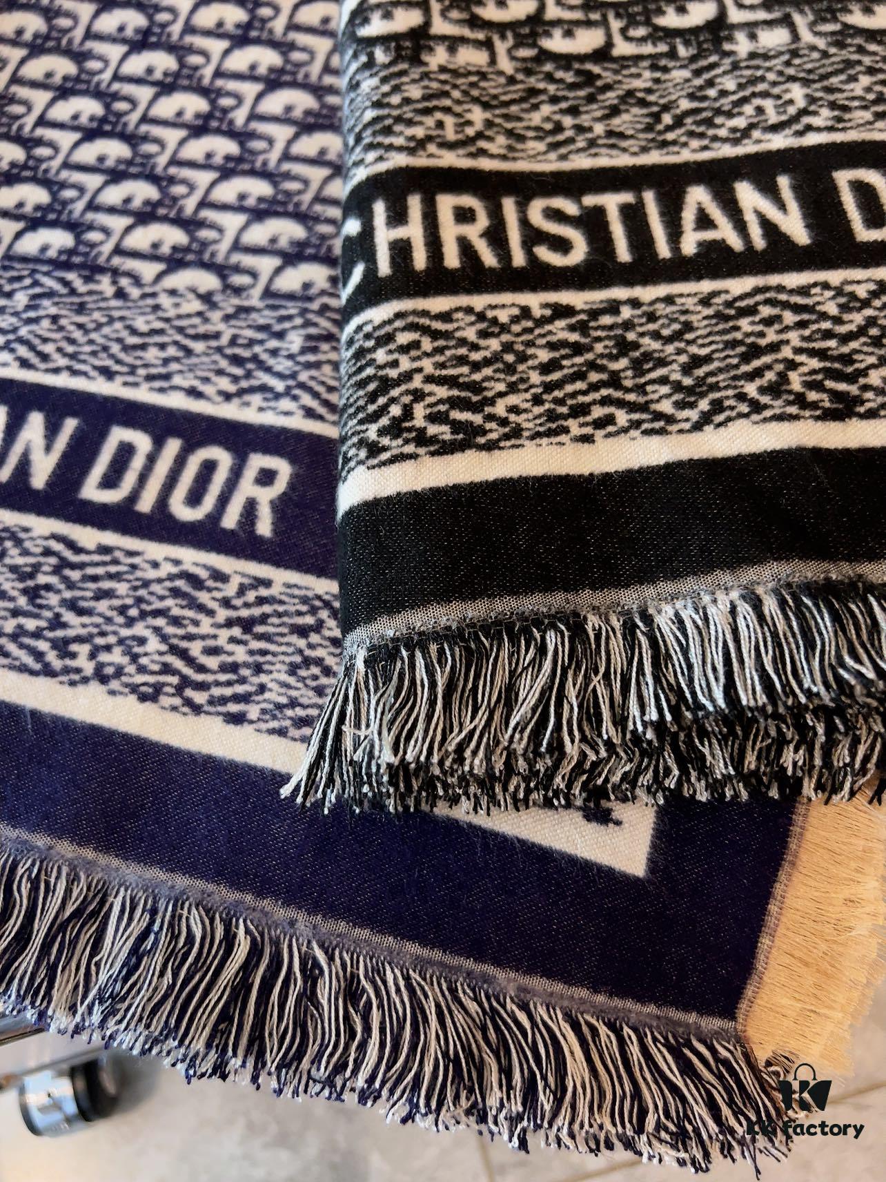 Dior Oblique Print Cashmere Wool Silk Shawl - Denim Blue & Charcoal Grey