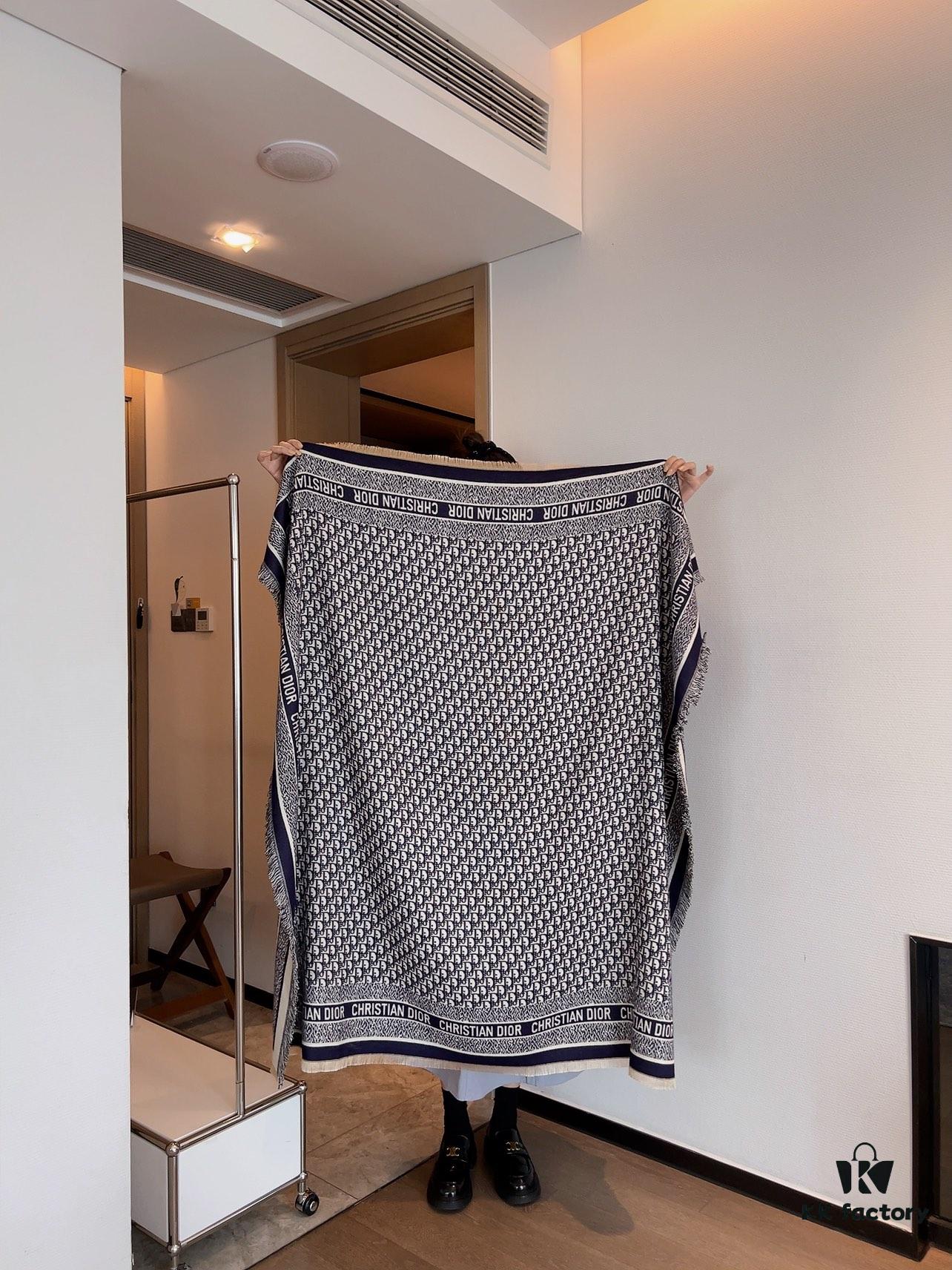 Dior Oblique Print Cashmere Wool Silk Shawl - Denim Blue & Charcoal Grey