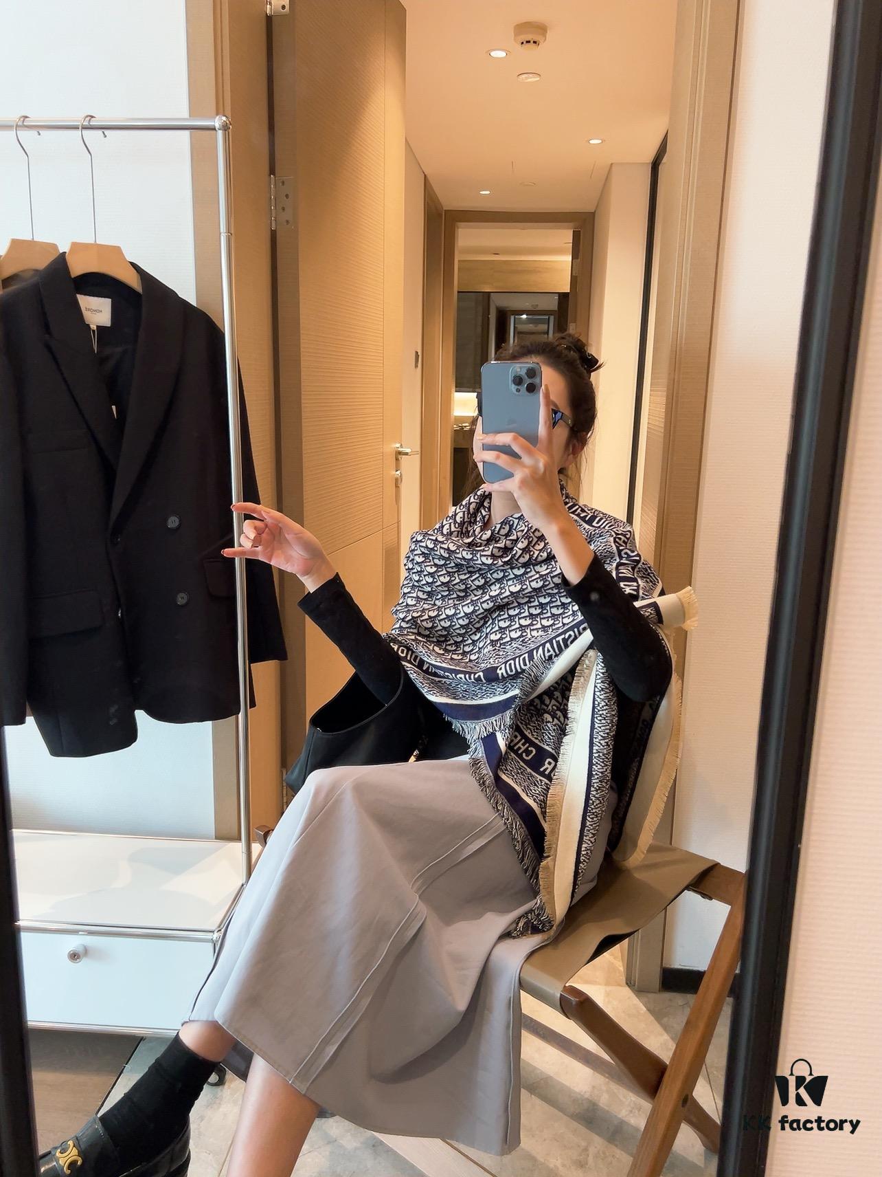 Dior Oblique Print Cashmere Wool Silk Shawl - Denim Blue & Charcoal Grey