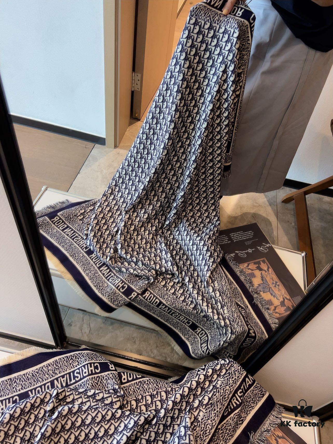 Dior Oblique Print Cashmere Wool Silk Shawl - Denim Blue & Charcoal Grey