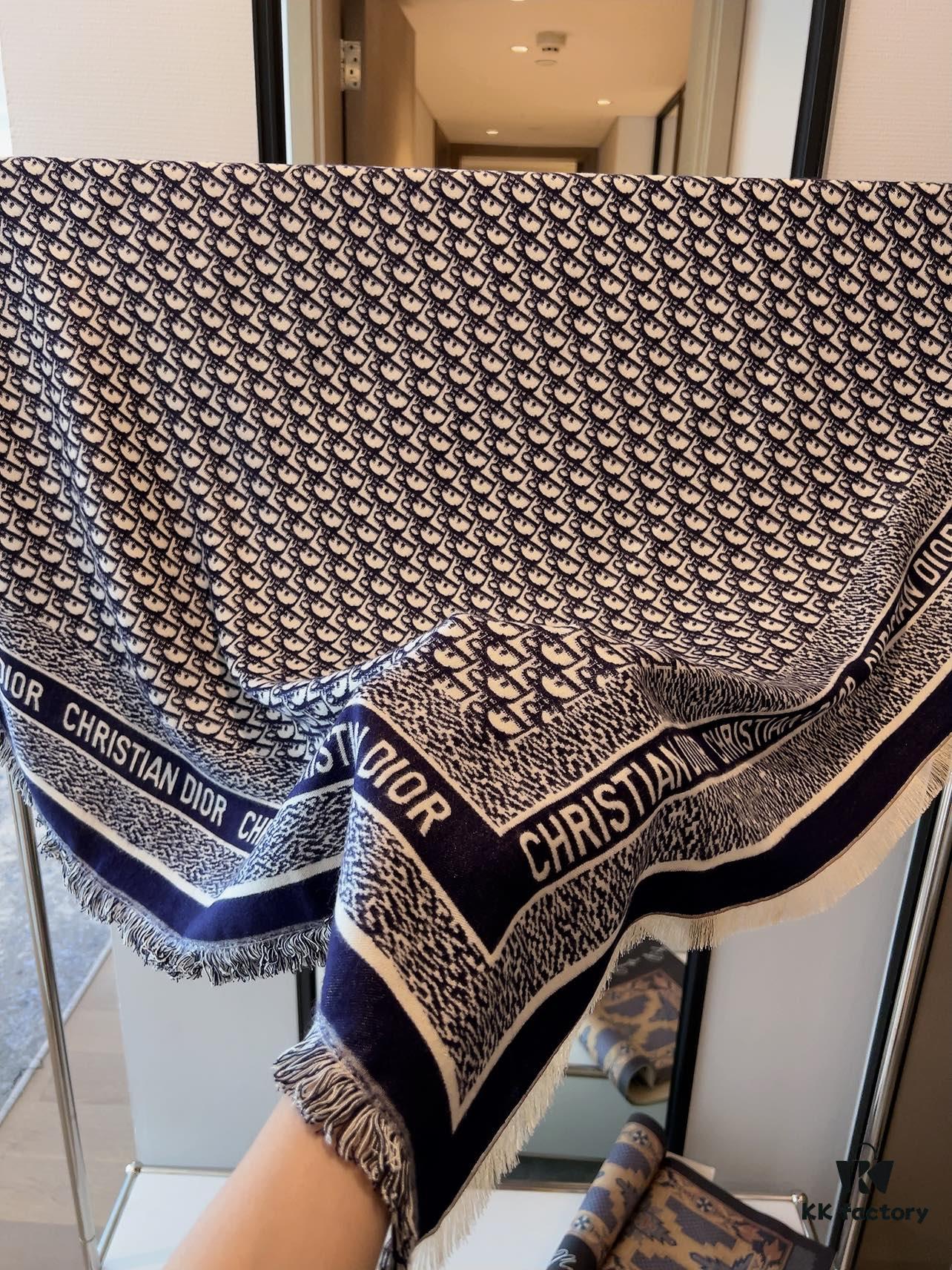 Dior Oblique Print Cashmere Wool Silk Shawl - Denim Blue & Charcoal Grey