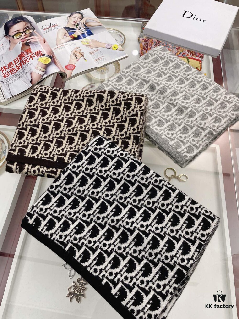 Dior · Classic Autumn-Winter Knit Bicolor Jacquard Cashmere Scarf 30*200cm