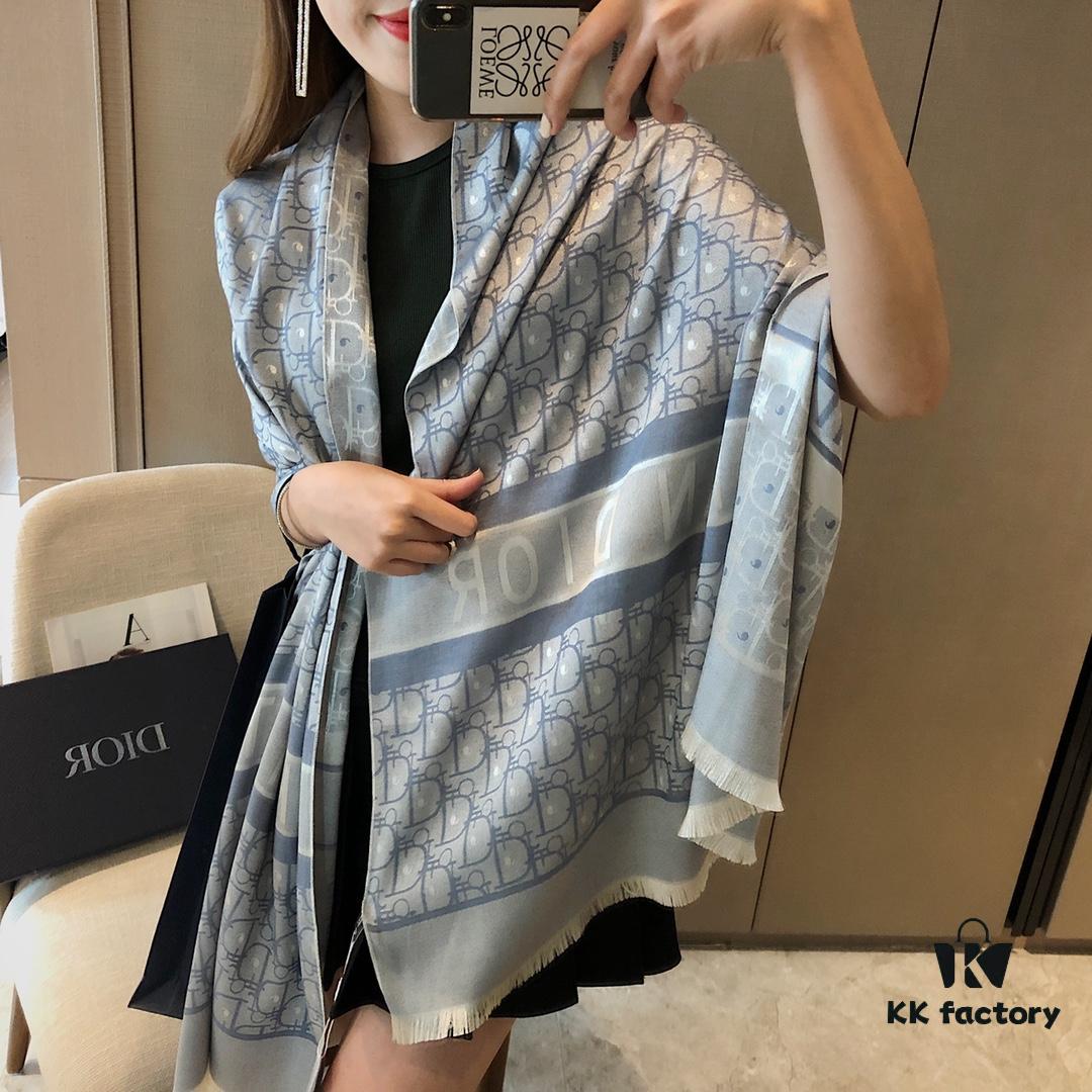 Premium Blue Dior-Style Packaged High-End Tencel Cotton Jacquard Scarf, Includes Greeting Card, Ribbon, Invoice, and UnionPay Set, Exported from Italy Overstock