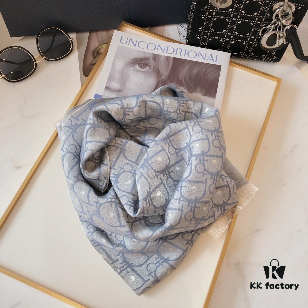 Premium Blue Dior-Style Packaged High-End Tencel Cotton Jacquard Scarf, Includes Greeting Card, Ribbon, Invoice, and UnionPay Set, Exported from Italy Overstock