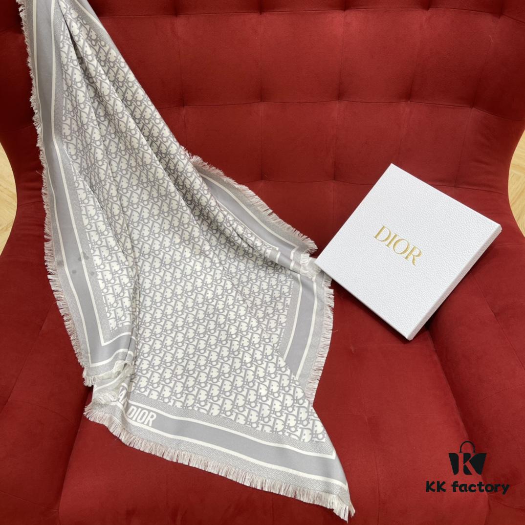 Gray Dior Classic Monogram Shawl with Small Fringe Detail, Timeless and Versatile Square Scarf, 100% Twill Silk Satin, 90*90cm