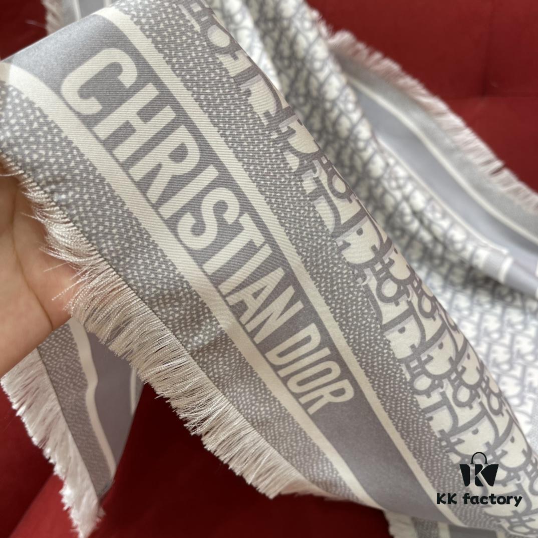 Gray Dior Classic Monogram Shawl with Small Fringe Detail, Timeless and Versatile Square Scarf, 100% Twill Silk Satin, 90*90cm