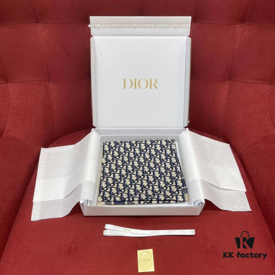 Blue Dior Classic Signature Scarf with Small Fringe Accents, Timeless and Versatile Square Shawl, 100% Twill Silk Satin, 90*90cm