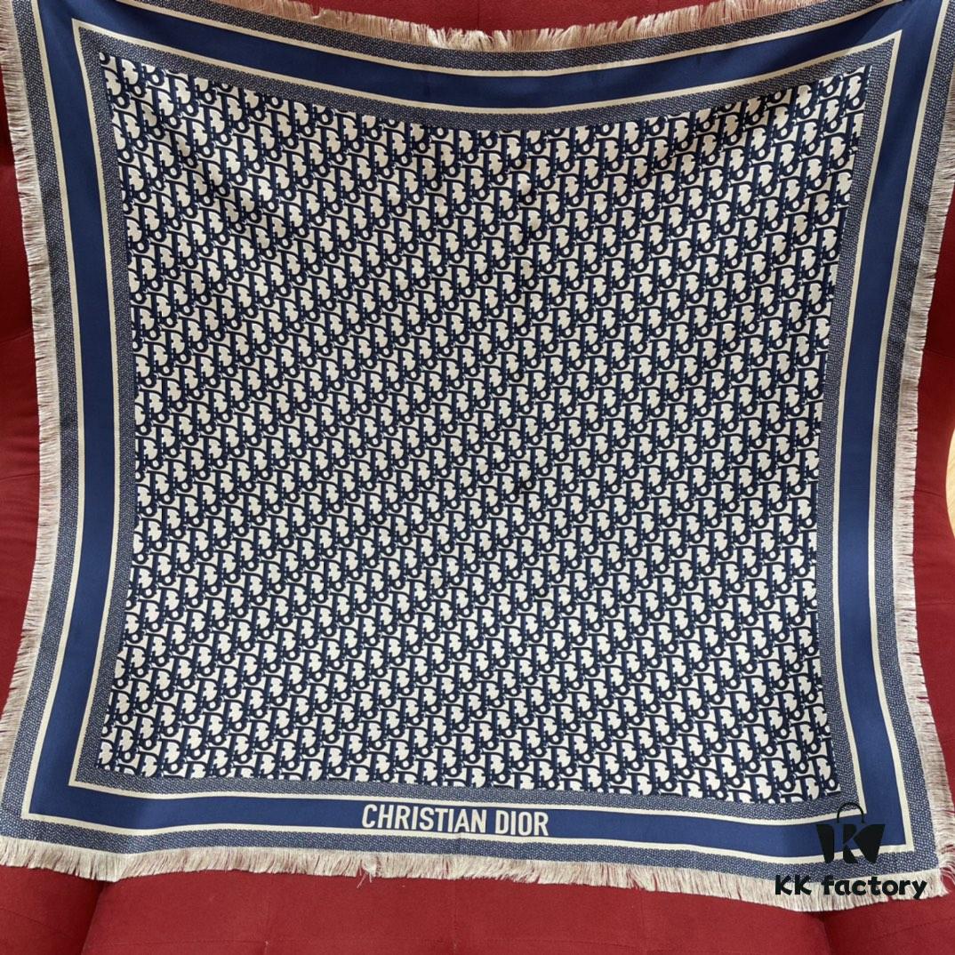 Blue Dior Classic Signature Scarf with Small Fringe Accents, Timeless and Versatile Square Shawl, 100% Twill Silk Satin, 90*90cm