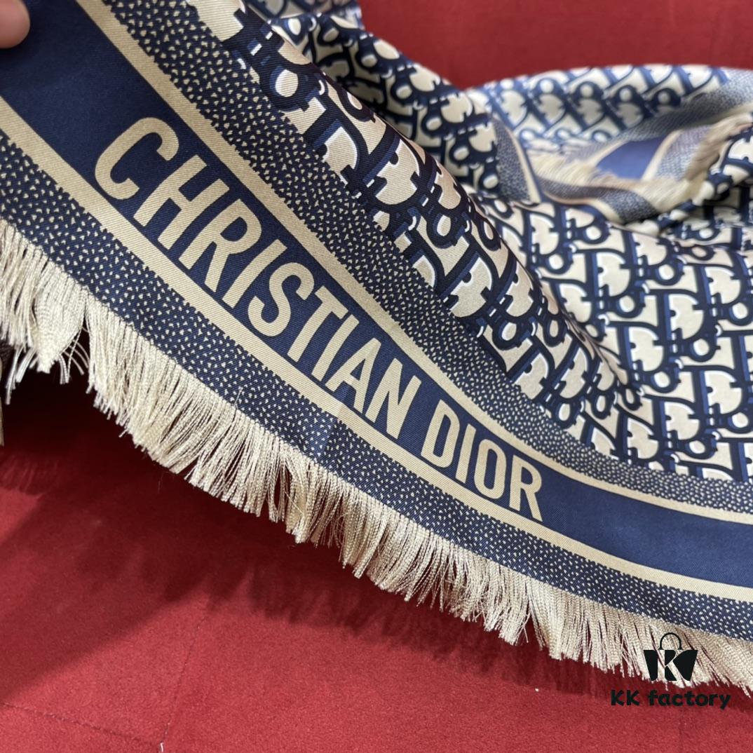 Blue Dior Classic Signature Scarf with Small Fringe Accents, Timeless and Versatile Square Shawl, 100% Twill Silk Satin, 90*90cm