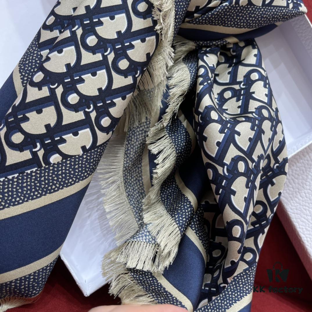 Blue Dior Classic Signature Scarf with Small Fringe Accents, Timeless and Versatile Square Shawl, 100% Twill Silk Satin, 90*90cm