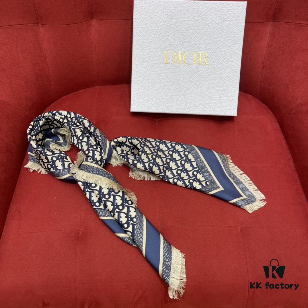 Blue Dior Classic Signature Scarf with Small Fringe Accents, Timeless and Versatile Square Shawl, 100% Twill Silk Satin, 90*90cm