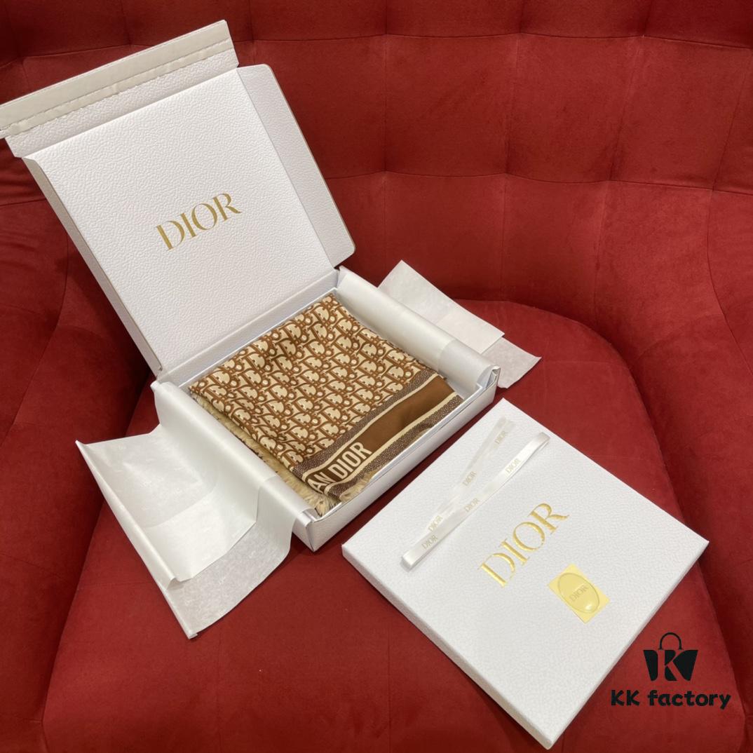 Brown Dior Classic Signature Monogram Shawl with Small Tassels, Timeless and Versatile Square Scarf, 100% Twill Silk Satin, 90*90 cm