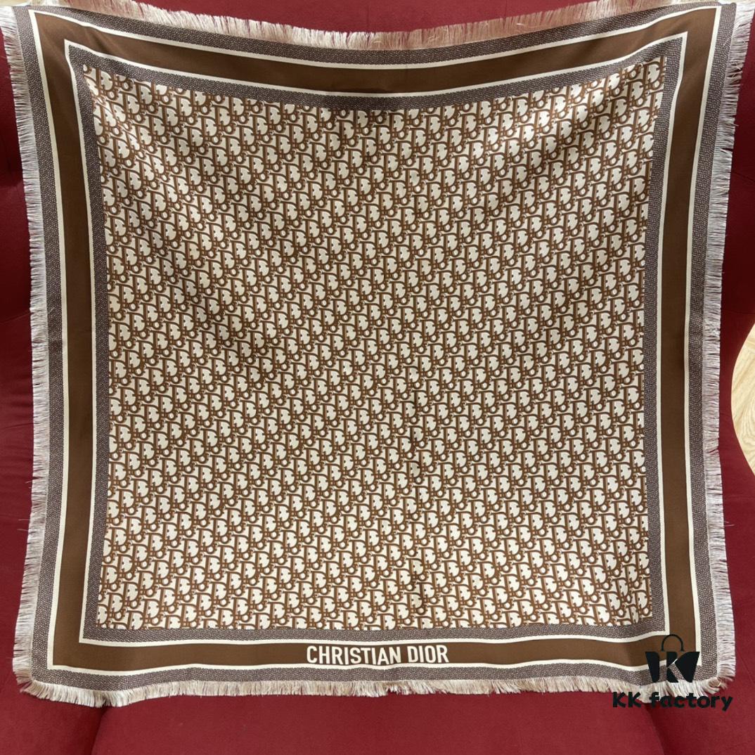 Brown Dior Classic Signature Monogram Shawl with Small Tassels, Timeless and Versatile Square Scarf, 100% Twill Silk Satin, 90*90 cm