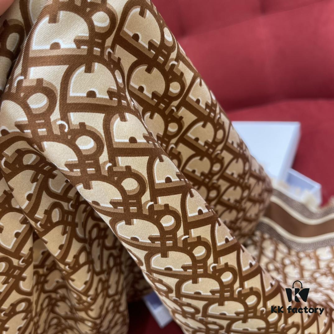 Brown Dior Classic Signature Monogram Shawl with Small Tassels, Timeless and Versatile Square Scarf, 100% Twill Silk Satin, 90*90 cm