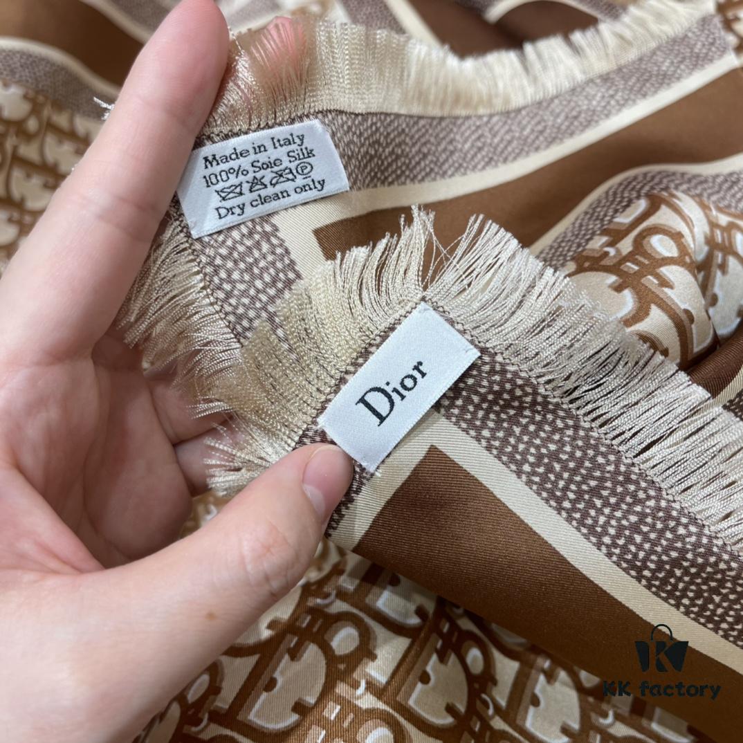 Brown Dior Classic Signature Monogram Shawl with Small Tassels, Timeless and Versatile Square Scarf, 100% Twill Silk Satin, 90*90 cm