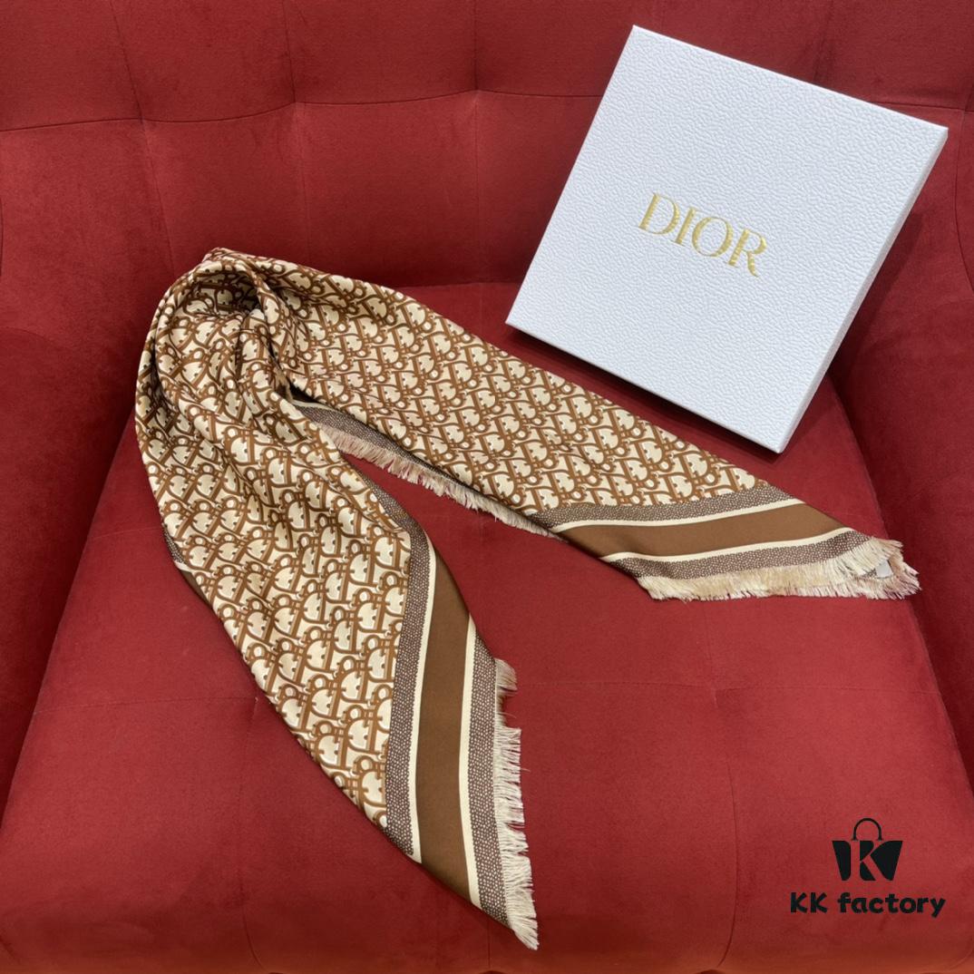 Brown Dior Classic Signature Monogram Shawl with Small Tassels, Timeless and Versatile Square Scarf, 100% Twill Silk Satin, 90*90 cm