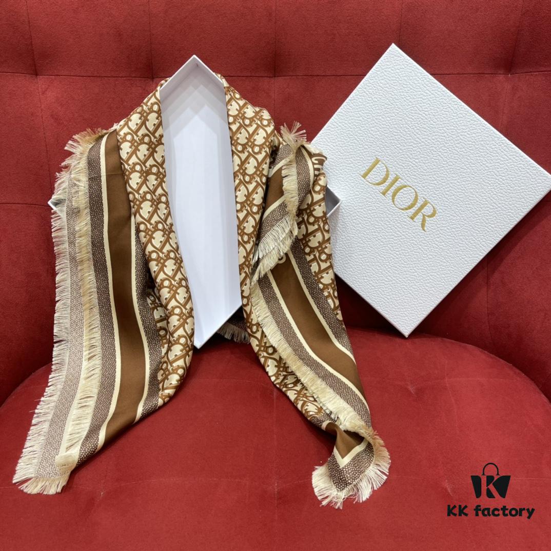 Brown Dior Classic Signature Monogram Shawl with Small Tassels, Timeless and Versatile Square Scarf, 100% Twill Silk Satin, 90*90 cm
