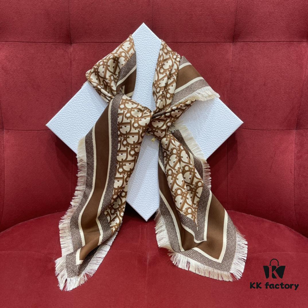 Brown Dior Classic Signature Monogram Shawl with Small Tassels, Timeless and Versatile Square Scarf, 100% Twill Silk Satin, 90*90 cm