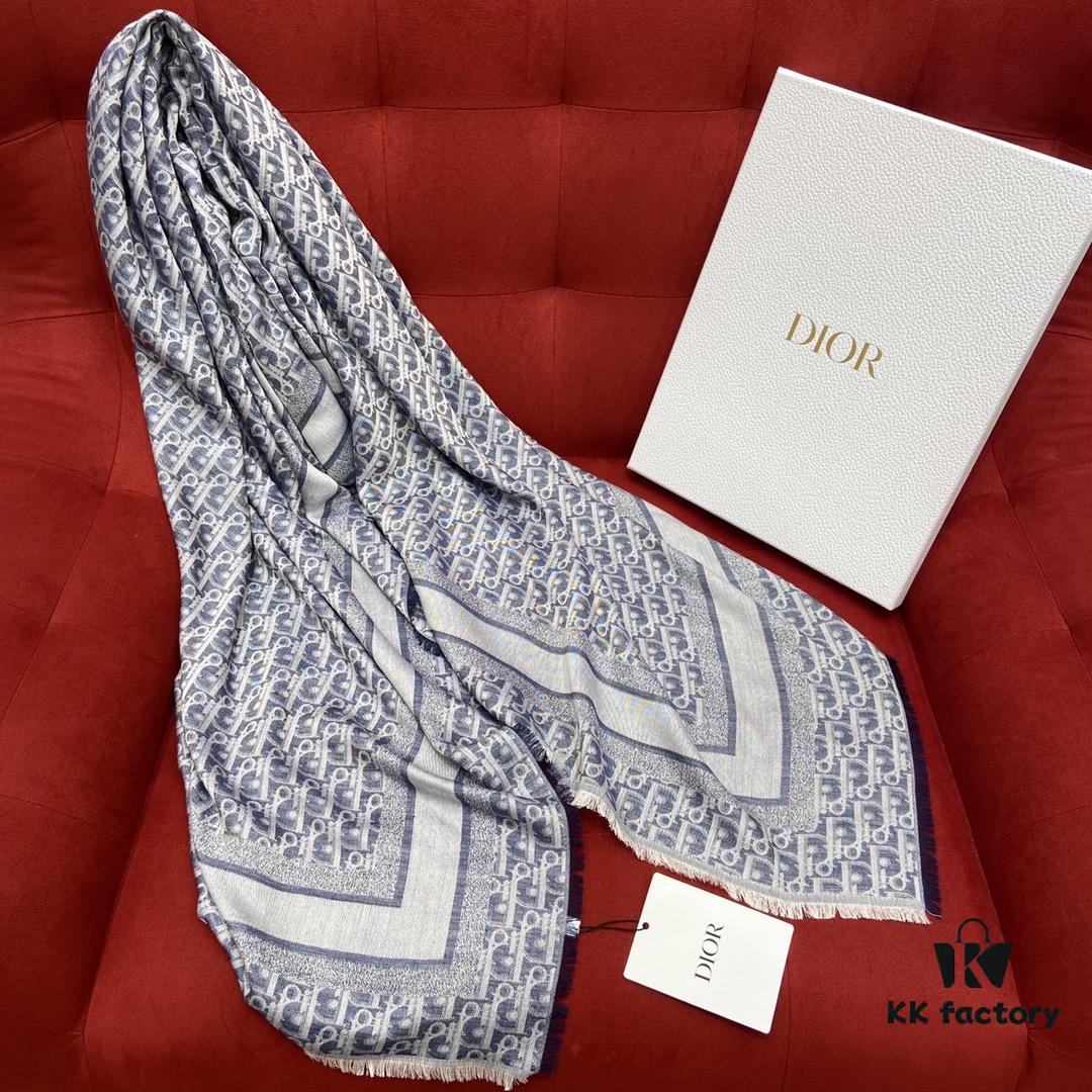 Vintage Floral Dior Denim Blue Scarf – Trendy Large 140x140cm Shawl for All Seasons, Doubles as Neck Wrap