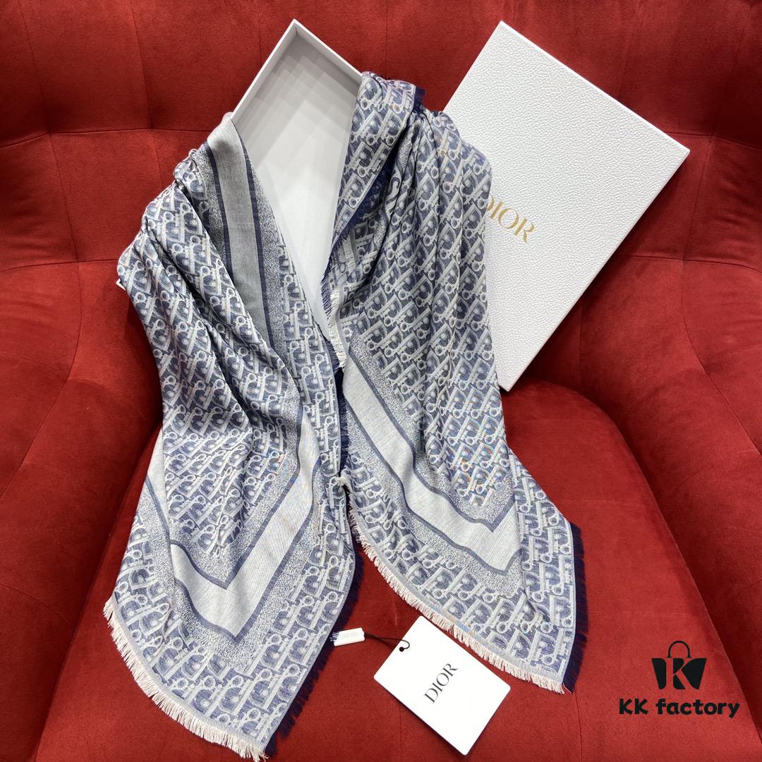 Vintage Floral Dior Denim Blue Scarf – Trendy Large 140x140cm Shawl for All Seasons, Doubles as Neck Wrap