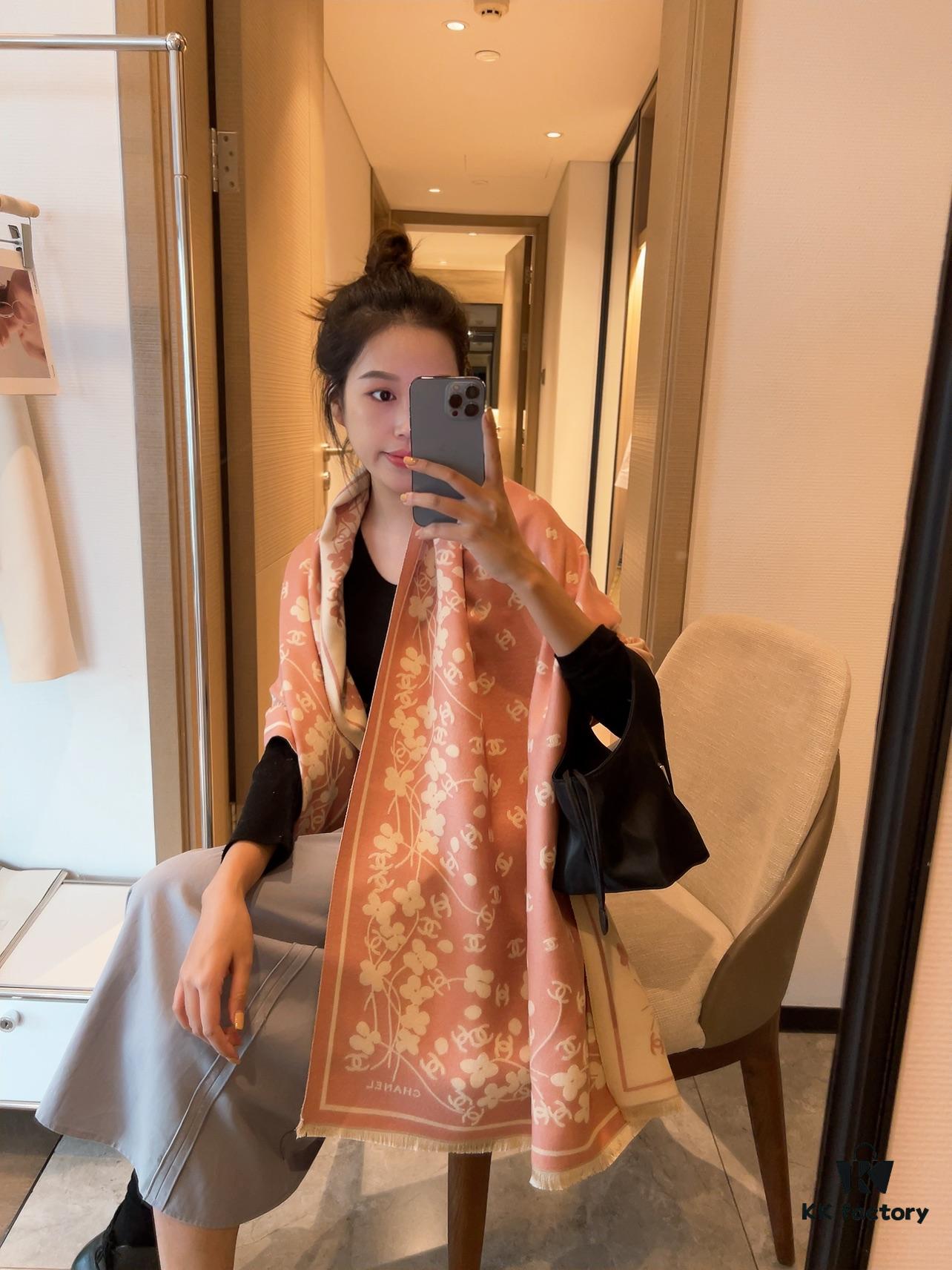 Luxury Premium Cashmere Scarf - Chanel Style Tiny Floral Print, 100% Pure Cashmere, Albas Pure Goat Wool, 32S Yarn, Ultra Soft & Lightweight, High-End Ring Velvet Texture