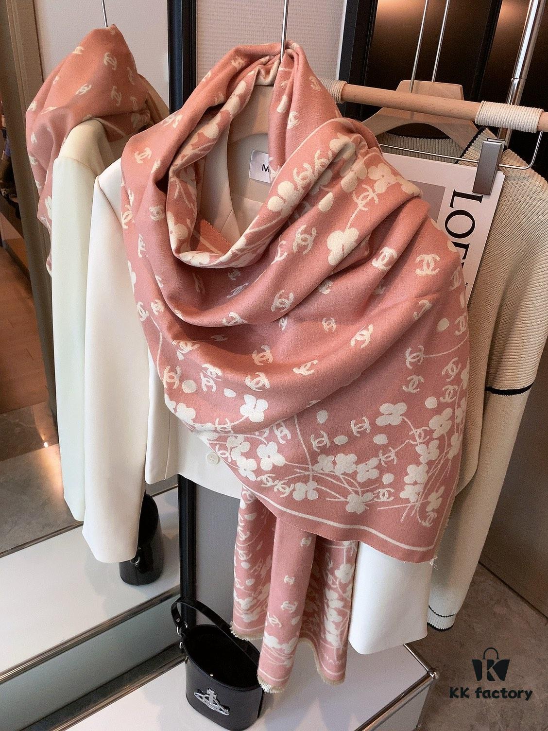 Luxury Premium Cashmere Scarf - Chanel Style Tiny Floral Print, 100% Pure Cashmere, Albas Pure Goat Wool, 32S Yarn, Ultra Soft & Lightweight, High-End Ring Velvet Texture
