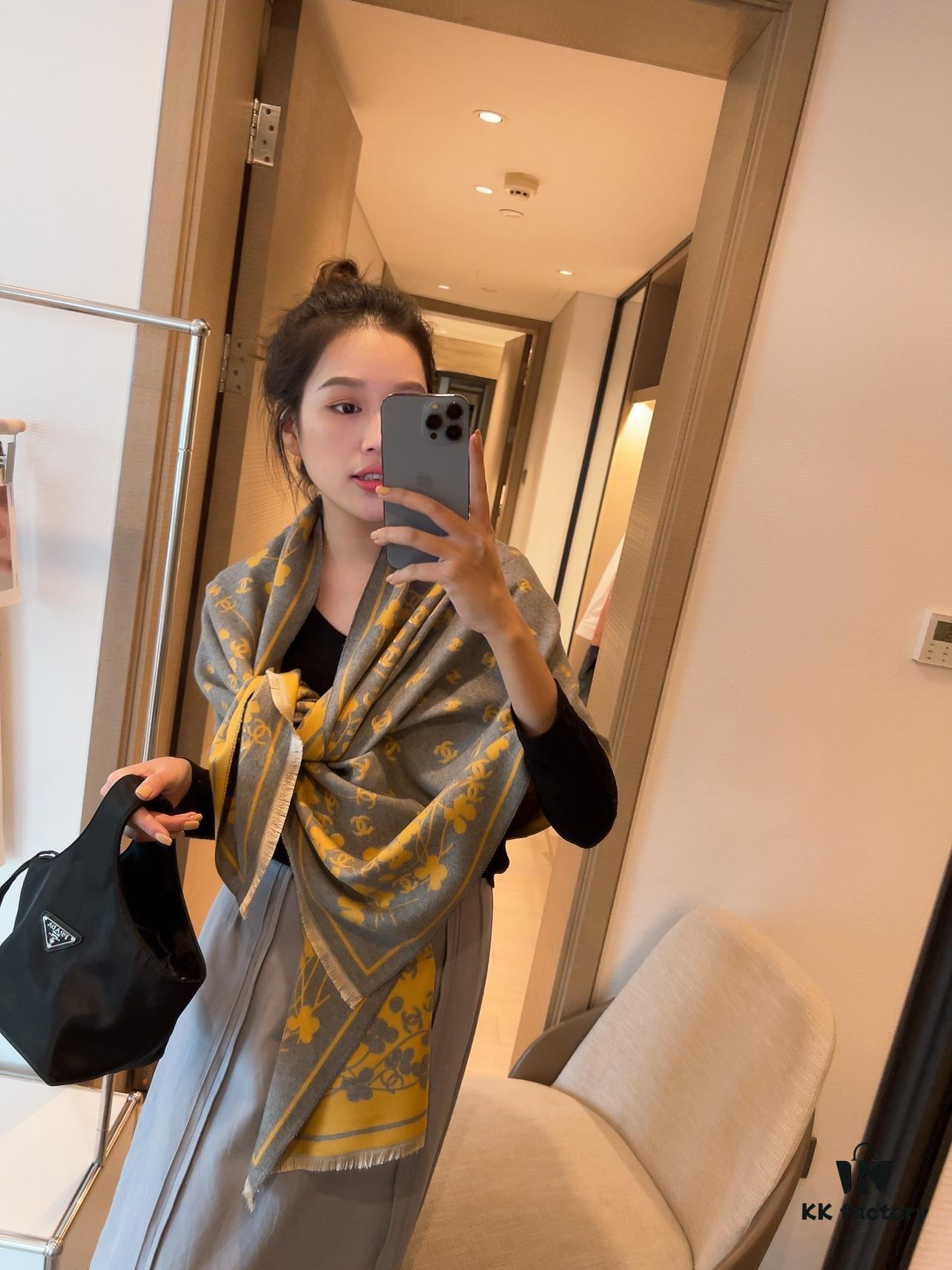 Luxury Premium Cashmere Scarf - Chanel Style Tiny Floral Print, 100% Pure Cashmere, Albas Pure Goat Wool, 32S Yarn, Ultra Soft & Lightweight, High-End Ring Velvet Texture