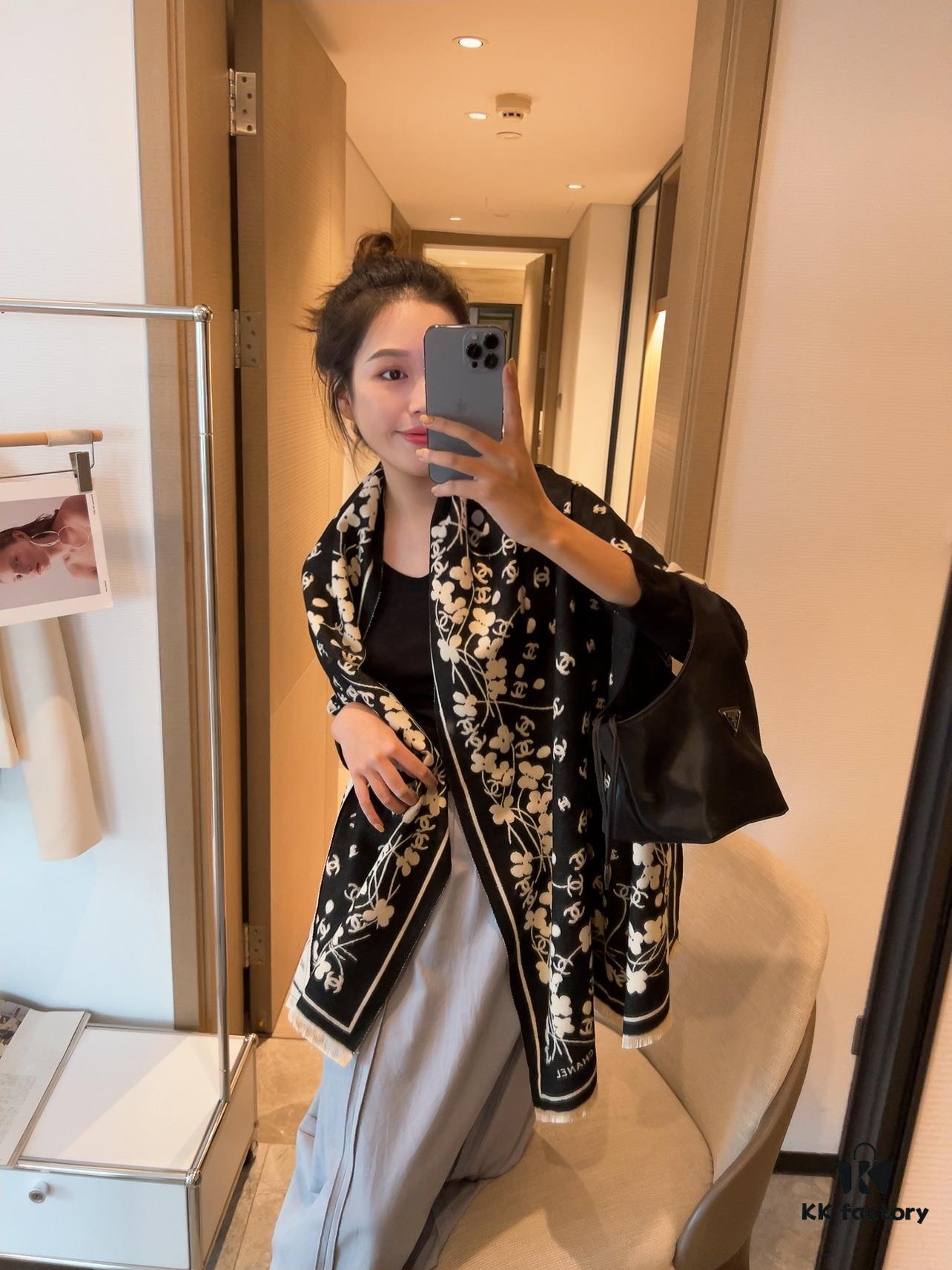 Luxury Premium Cashmere Scarf - Chanel Style Tiny Floral Print, 100% Pure Cashmere, Albas Pure Goat Wool, 32S Yarn, Ultra Soft & Lightweight, High-End Ring Velvet Texture