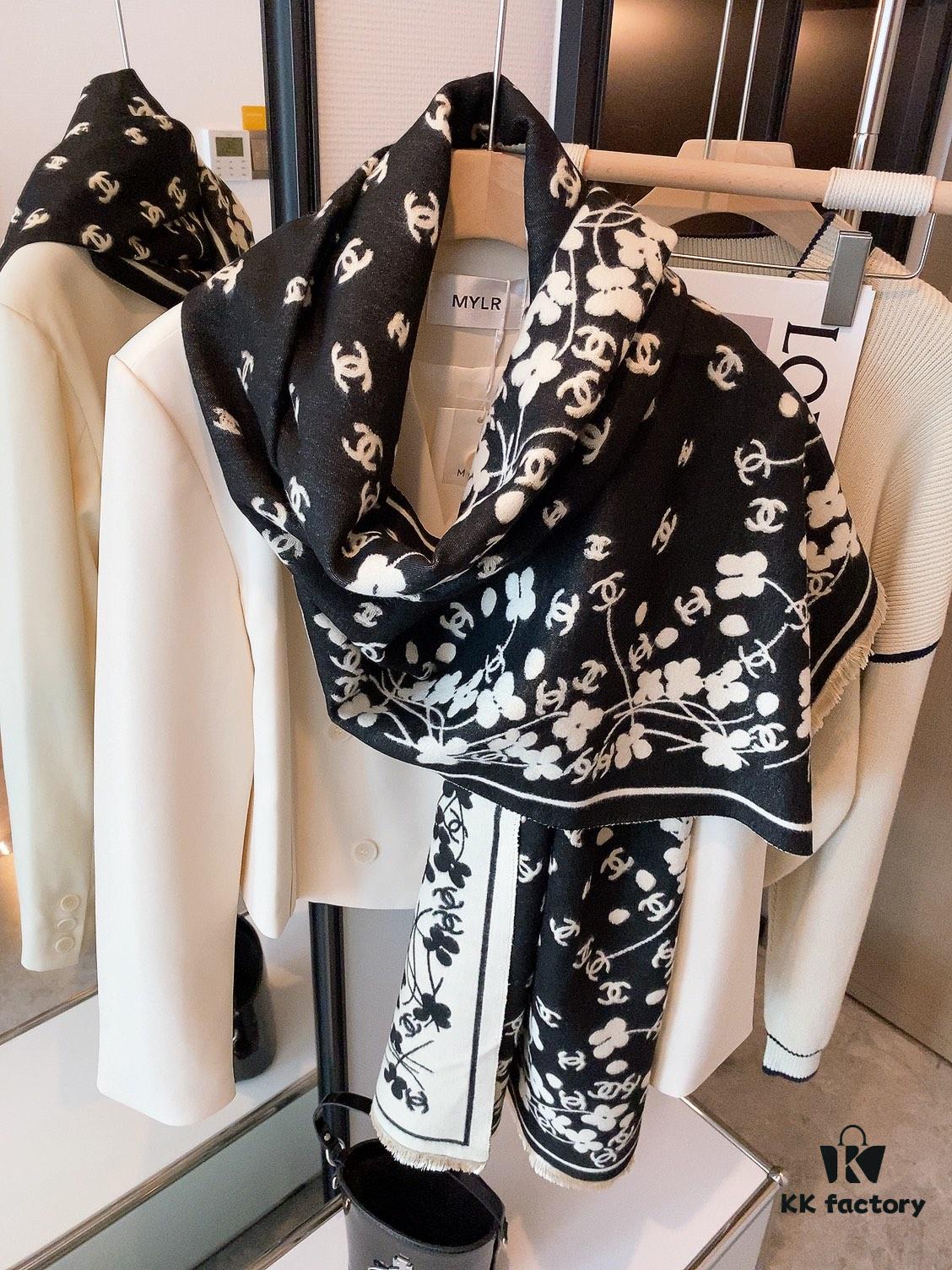 Luxury Premium Cashmere Scarf - Chanel Style Tiny Floral Print, 100% Pure Cashmere, Albas Pure Goat Wool, 32S Yarn, Ultra Soft & Lightweight, High-End Ring Velvet Texture