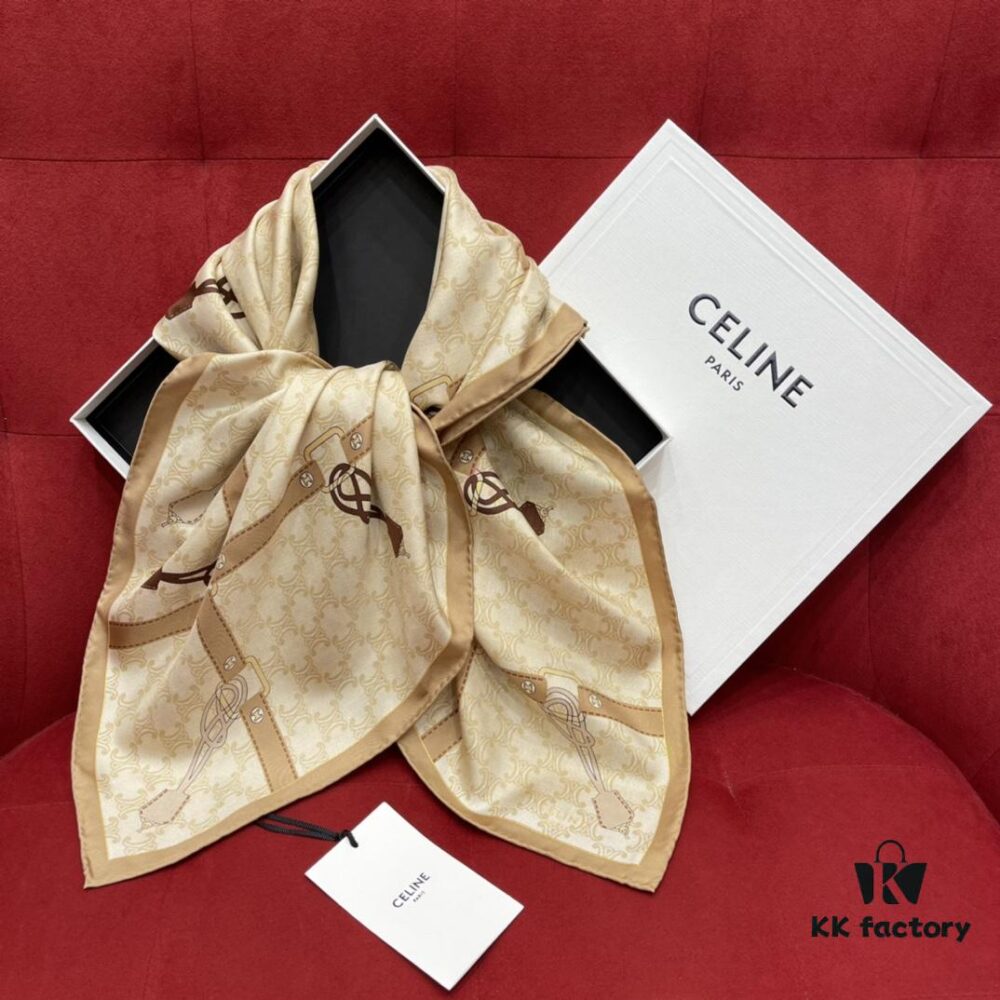 CELINE Vintage-inspired Triumphal Arch Pattern Square Scarf with Belt Buckle Detail, Classic and Elegant, 100% Mulberry Silk, 90*90CM