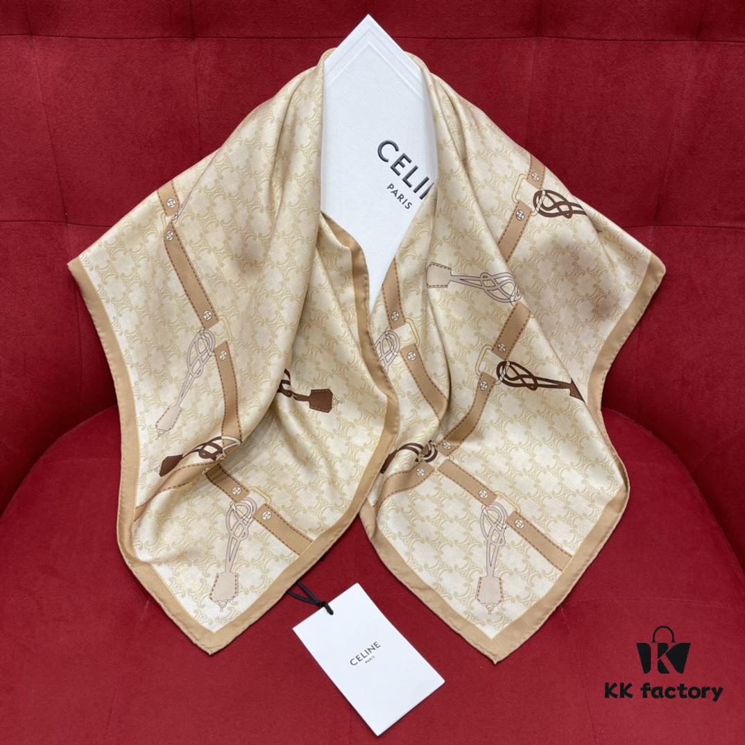 CELINE Vintage-inspired Triumphal Arch Pattern Square Scarf with Belt Buckle Detail, Classic and Elegant, 100% Mulberry Silk, 90*90CM