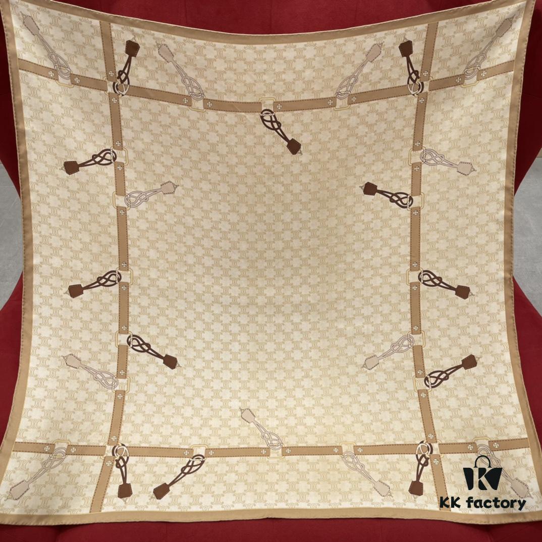 CELINE Vintage-inspired Triumphal Arch Pattern Square Scarf with Belt Buckle Detail, Classic and Elegant, 100% Mulberry Silk, 90*90CM