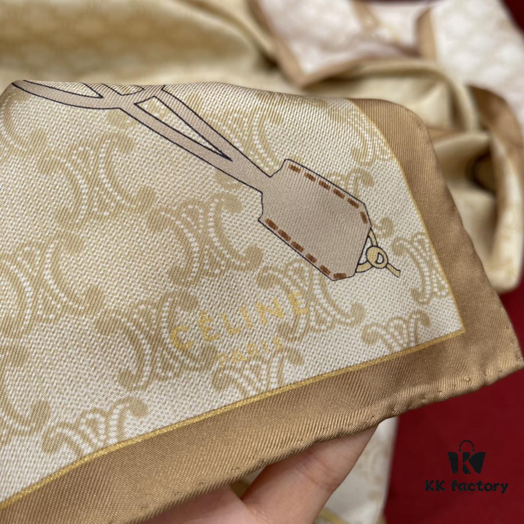CELINE Vintage-inspired Triumphal Arch Pattern Square Scarf with Belt Buckle Detail, Classic and Elegant, 100% Mulberry Silk, 90*90CM