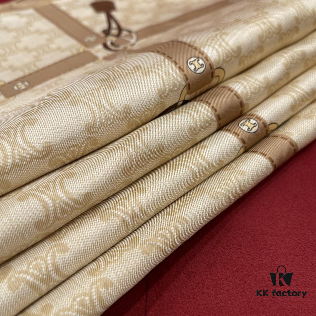 CELINE Vintage-inspired Triumphal Arch Pattern Square Scarf with Belt Buckle Detail, Classic and Elegant, 100% Mulberry Silk, 90*90CM