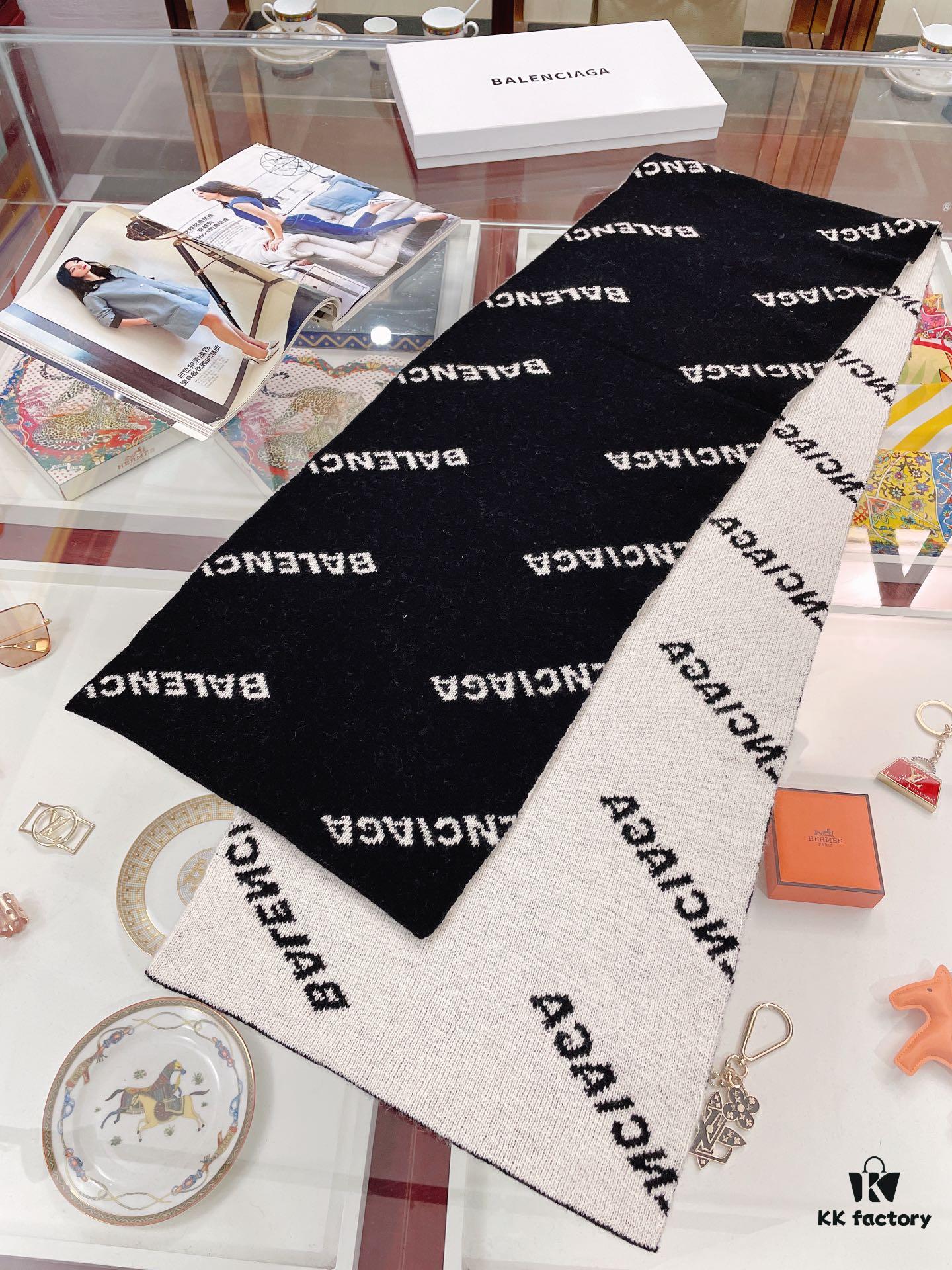 Authentic Balenciaga OEM Cashmere Knit Scarf, Black and White Reversible Double-Sided Jacquard Design, 185*38 cm